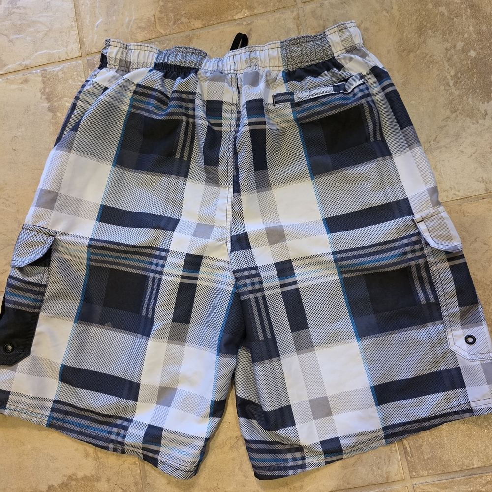 Airwalk Blue and White Plaid Swim Board Shorts - Picture 4 of 5